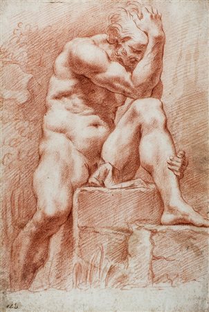 Scuola romana della metà del XVII secolo,&nbsp;Studio per nudo virile.Matita...