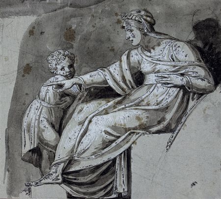 Anonimo neoclassico,&nbsp;Figura femminile seduta con bambino.Penna e...