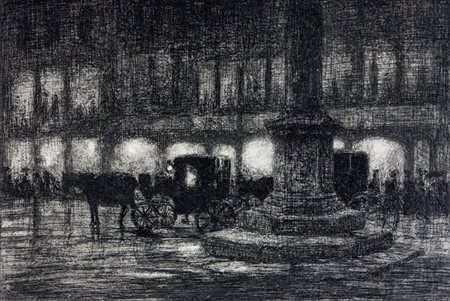 Bruno Croatto,&nbsp;Piazza di notte con carrozza. 1912-1913.Acquaforte. mm...