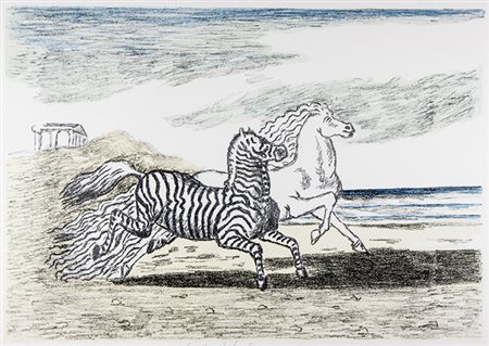 Giorgio De Chirico,&nbsp;Cavallo e zebra.1969Litografia a colori. mm 350x500....