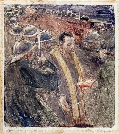 Tullio Silvestri,&nbsp;I funerali di un eroe.1918 ca.Monotipo a colori su...