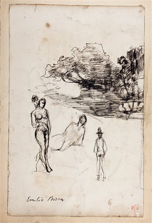 Emilio Borsa,&nbsp;Paesaggio con figure.Penna e inchiostro di china su carta....