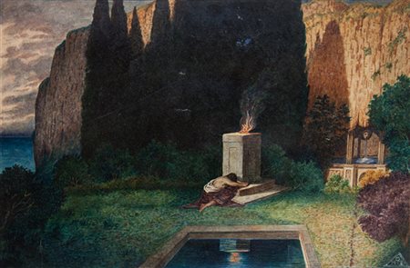 Arnold Böcklin&nbsp;[alla maniera di],&nbsp;Paesaggio con figura vicino ad...