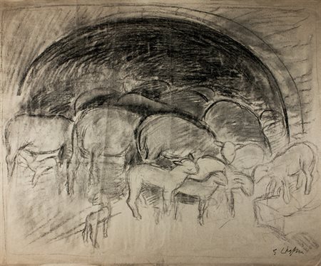 Elisabeth Chaplin,&nbsp;Gregge di pecore.Carboncino su carta. mm 500x740....