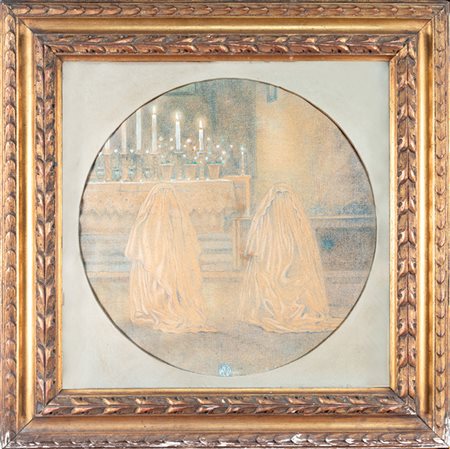 Raoul Dal Molin Ferenzona,&nbsp;Monache in chiesa.1910Matita nera e pastelli...