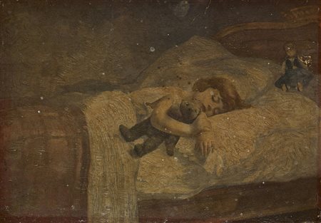 Scuola dell'inizio del sec. XX &quot;Bambina dormiente&quot; olio su cartone...