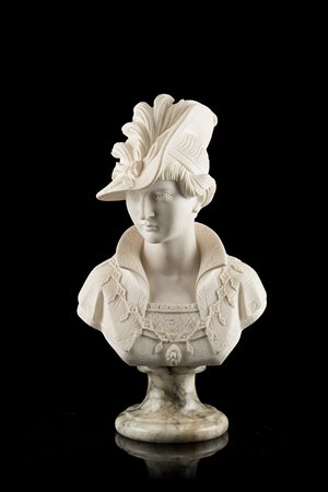 Busto di gentildonna con cappello piumato in ceramica su base in marmo....