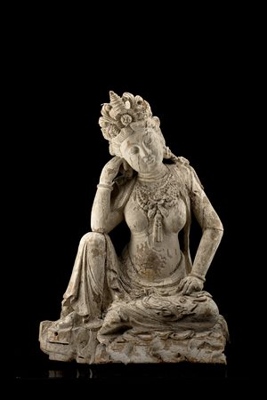 Arte del sec. XVIII, scultura in legno dipinto raffigurante Bodhisattva...