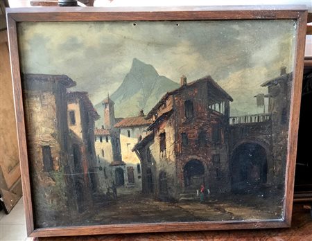 Ignoto "Scorcio di paese" olio su tavoletta (cm 30x40) in cornice (difetti)