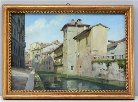 Carlo Savorgnani (XX Secolo 0) "Scorcio con Naviglio" olio su carta telata...