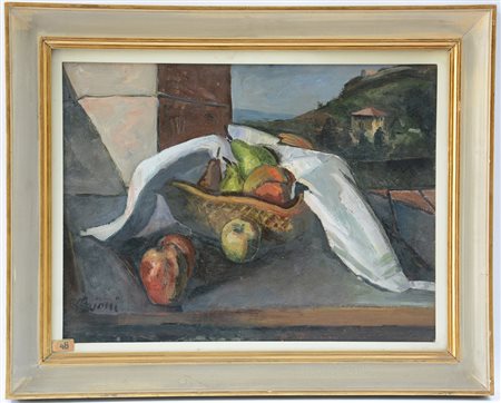 Gajoni Adriano (Milano 1913 - 1965) "Canestra di frutta sul davanzale" olio...