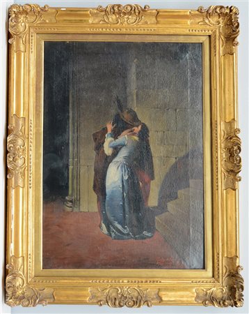 Colombo Virginio da Hayez "Il bacio" 1903 olio su tela (cm 71.5x52) firmato e...