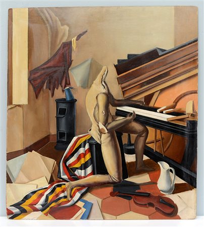 Ignoto "Composizione surrealista con manichino al pianoforte" olio su...