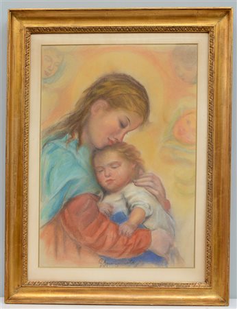 Giuseppe Spampinato (Catania 1901) "Madonna con bambino" pastelli colorati su...