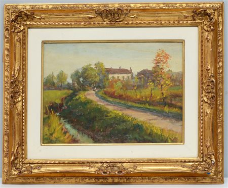 Fornari "Paesaggio di campagna" '52 olio su compensato (cm 21x30) firmato due...