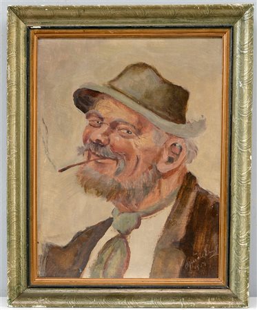 Firma indecifrata "Uomo con cappello" 1954. Olio su cartone (cm 33x25)...