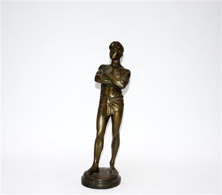 Ignoto, "Figura maschile con braccia conserte", scultura in bronzo, anni '30...