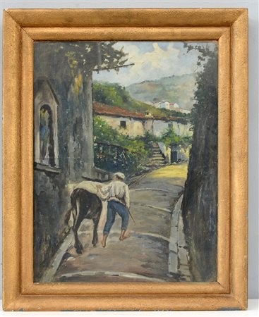 Ignoto "Uomo con mulo" olio su compensato (cm 37x50) in cornice (difetti)