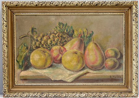 Firma indecifrata "Frutta" olio su cartone (cm 27x42) firmato in basso a...