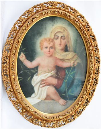 Ignoto sec. XX "Madonna con Bambino" pastelli su carta (cm 83x61) in cornice...