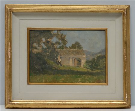 Ignoto "Paesaggio con casetta" olio su cartone (cm 17.5x26) in cornice (difetti)