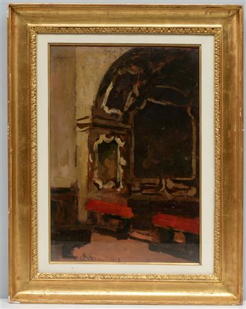 Achille Cattaneo (Limbiate 1872 - Milano 1931) "Interno di chiesa" 1918 olio...