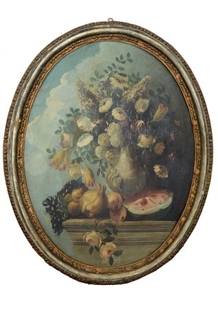 Ignoto "Natura morta di fiori e frutta" olio su tela ovale (cm 112x85) (difetti)