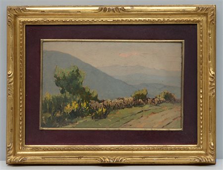 Giovanni Lomi (Livorno 1889 - 1969) "Paesaggio collinare con gregge" olio su...