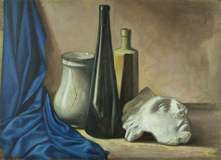 CARLO FUSCA Bari, 1952 " Natura morta con panno blu " olio su faesite 50x70...