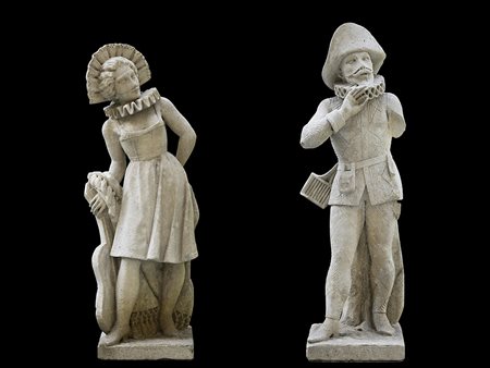 Arte veneta "Maschere" coppia di sculture da giardino in pietra, poggianti su...