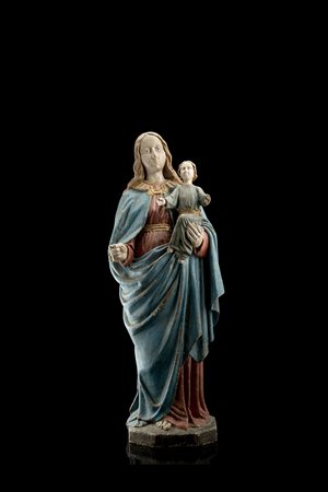 Arte del sec. XVI "Madonna con Bambino" scultura lignea decorata in...