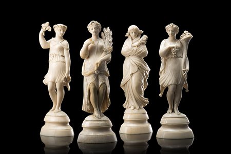 "Allegoria delle quattro stagioni" quattro sculture in avorio su basi...