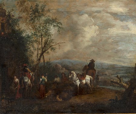 Seguace di Philips Wouwerman, secolo XVIII "Viandanti in un paesaggio" olio...