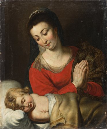 Seguace di Peter Paul Rubens, secolo XVIII "Madonna in adorazione di Cristo...
