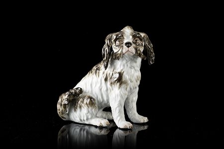 Piccola figura in porcellana policroma raffigurante un cane Bolognese seduto...