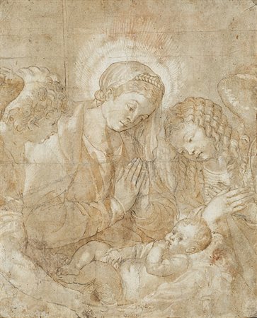 Artista nord-europeo del secolo XVI "Madonna con bambino ed angeli" penna ed...
