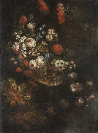 Maestro del secolo XVII "Composizione con fiori e piatto" olio su tela (cm...
