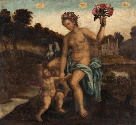 Scuola del secolo XVII "Venere, Cupido e cammei con segni zodiacali" olio su...