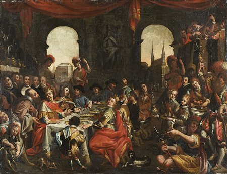 Maestro nordico del secolo XVII "Banchetto di Assuero" olio su tela (cm...