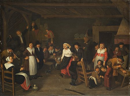Scuola olandese del secolo XVII "Contadini che ballano in un interno" olio su...