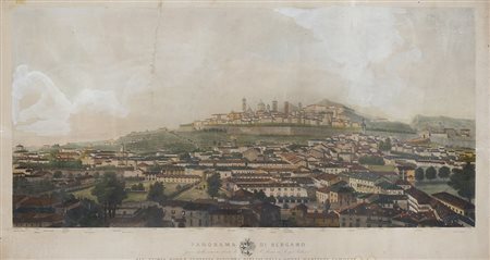 Litografia a colori del sec. XIX raffigurante il panorama di Bergamo preso...