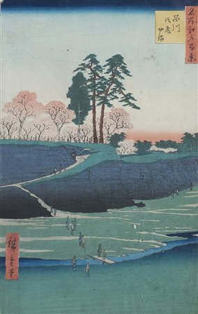 Hiroshige. Incisione su legno a colori raffigurante paesaggio con figure (cm...