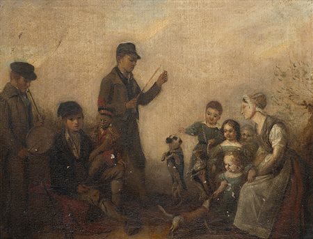 Scuola francese, sec. XIX "Il piccolo circo" olio su tela (cm 40x50) In...