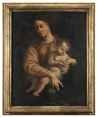 Scuola del secolo XVII "Madonna con Bambino" olio su tela (cm 105x84) in...