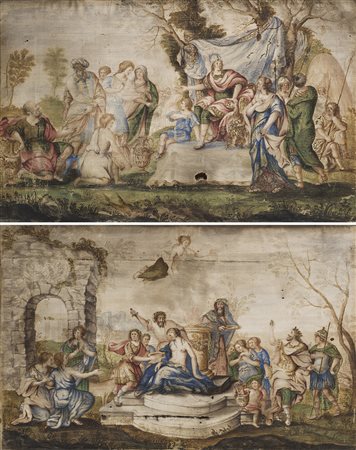 Arte del sec. XVII "Scene bibliche e mitologiche" due dipinti su seta (cm...