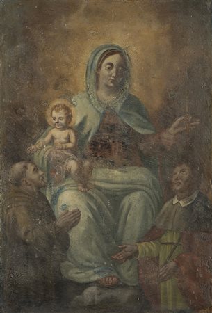 Ignoto "Madonna con Bambino, San Domenico e San Rocco" olio su ardesia (cm...