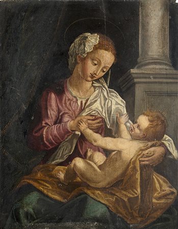 Scuola fiamminga del secolo XVII "Madonna con Bambino" olio su tavola (cm...