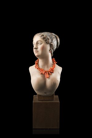 Arte napoletana, sec. XVIII. Busto di donna in legno con occhi in vetro e...