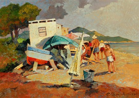 Carlo DOMENICI (Livorno, 1898 Portoferraio, 1981 ) La spiaggia olio su tavola...