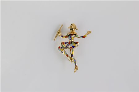 Spilla in oro giallo 18kt e smalti, Raffigurante arlecchino, gr 12. . ....